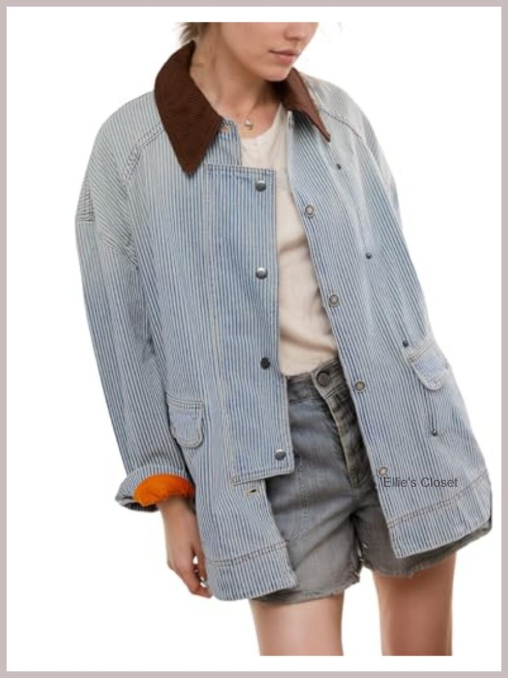 Oversized Striped Denim Barn Jacket with Corduroy Collar, Midweight Snap Closure